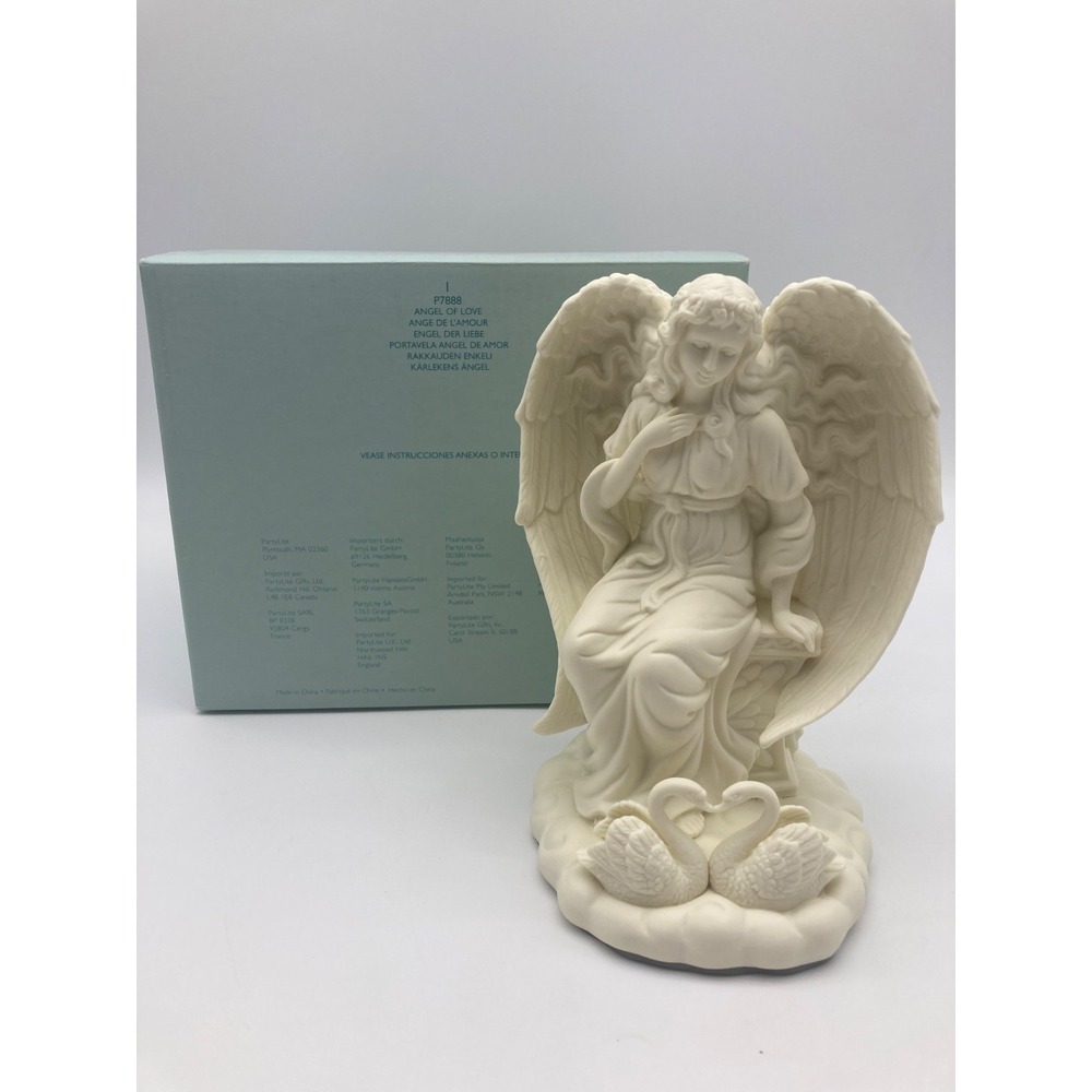 PartyLite Angel of Love P7888 Bisque Porcelain Taper Candle Holder Swans Box